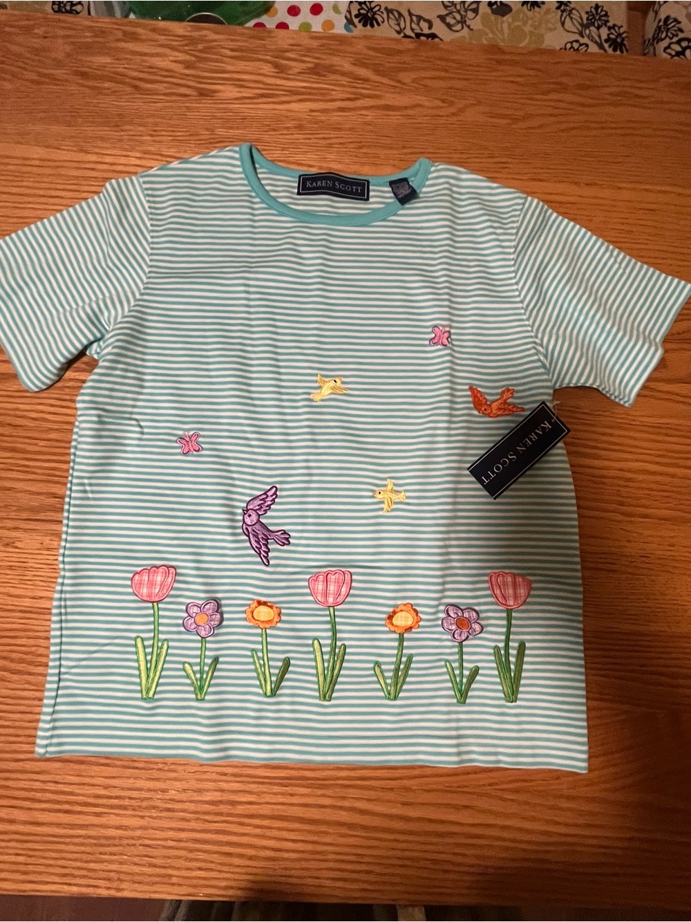 NWT Karen Scott Embroidered Striped Top Short Sleeve - Birds & Flowers Size Sm